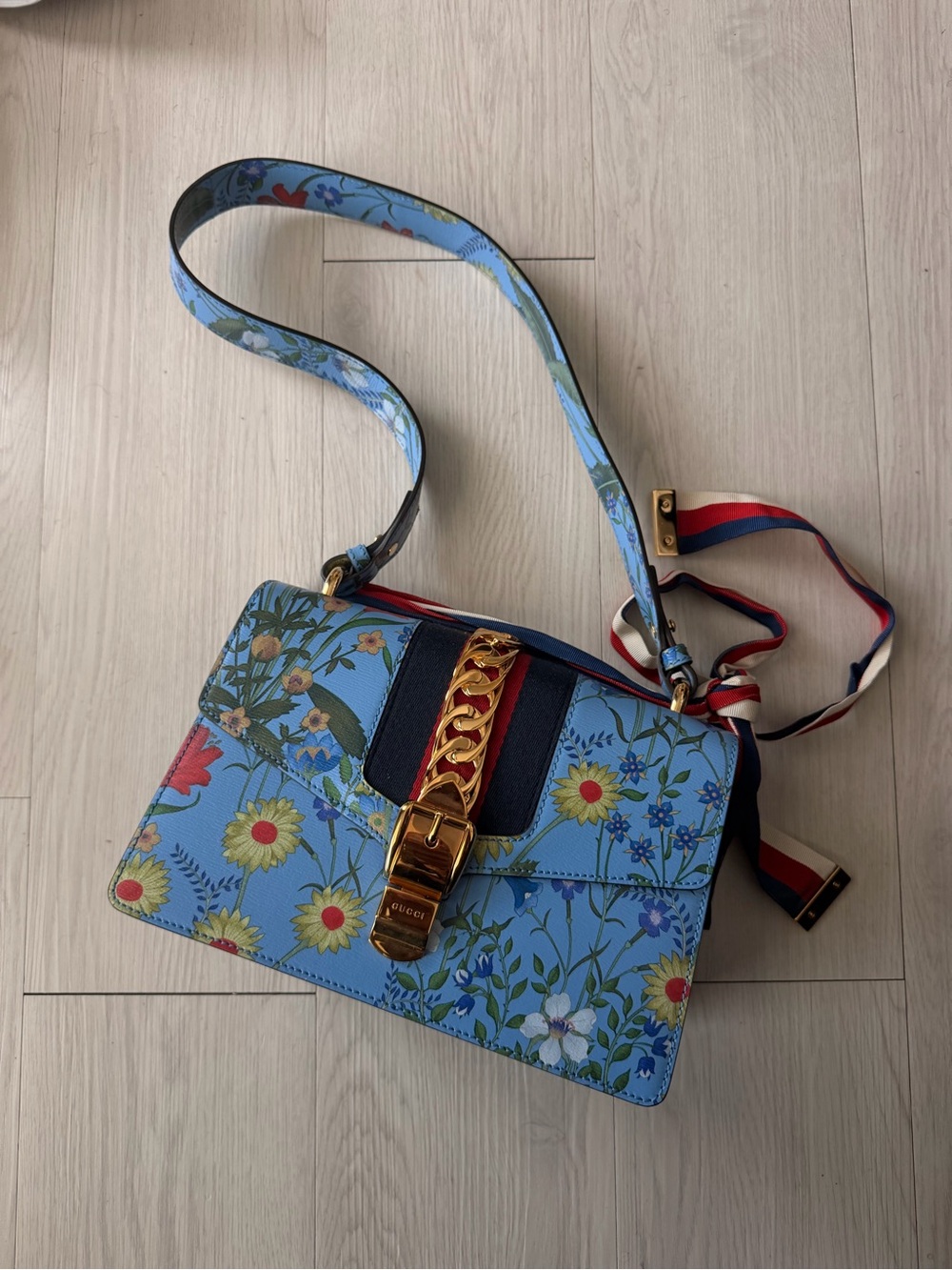 Gucci Light Blue Floral Leather Shoulder Bag with Gold Chain